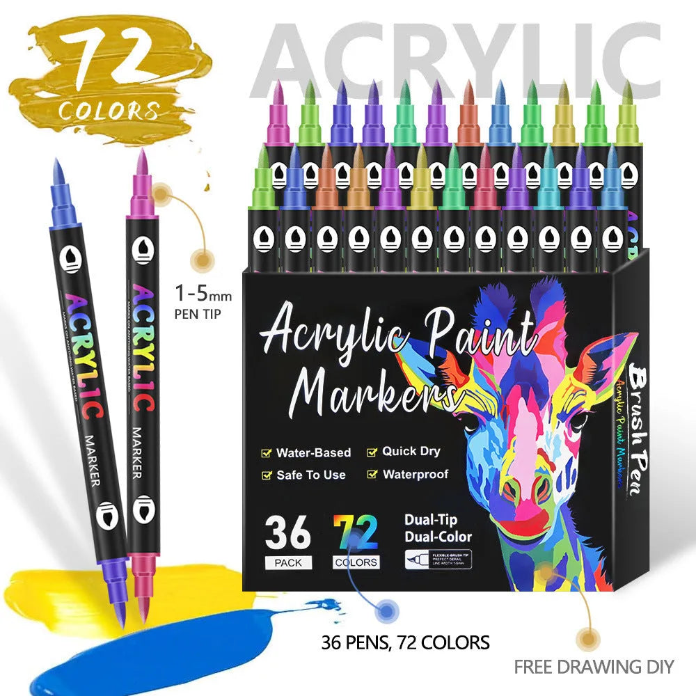 Set of double-headed acrylic marker pens showing broad and fine tips, in assorted opaque colours.