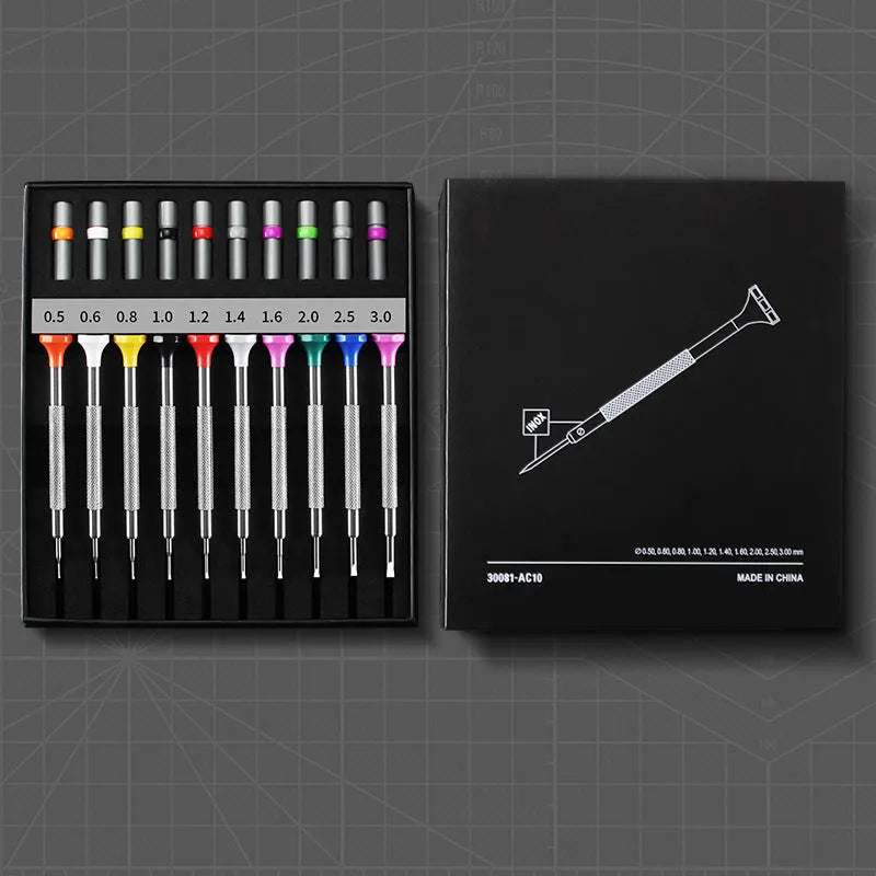 10-piece manual screwdriver set for watch repair with cross and straight heads and spare drill bits