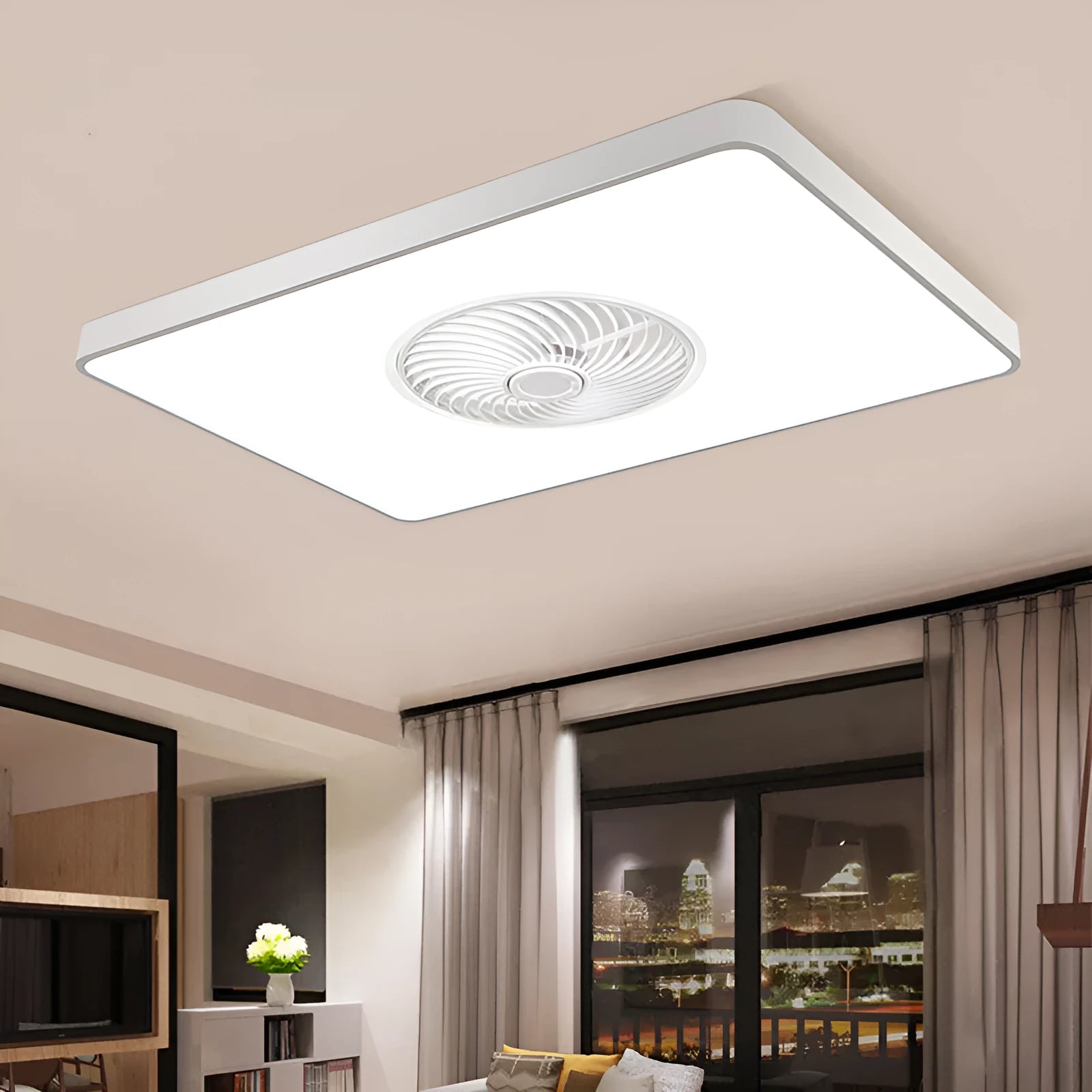 Nordic style ceiling fan with integrated light in a solid wood rectangular, round, or square frame.