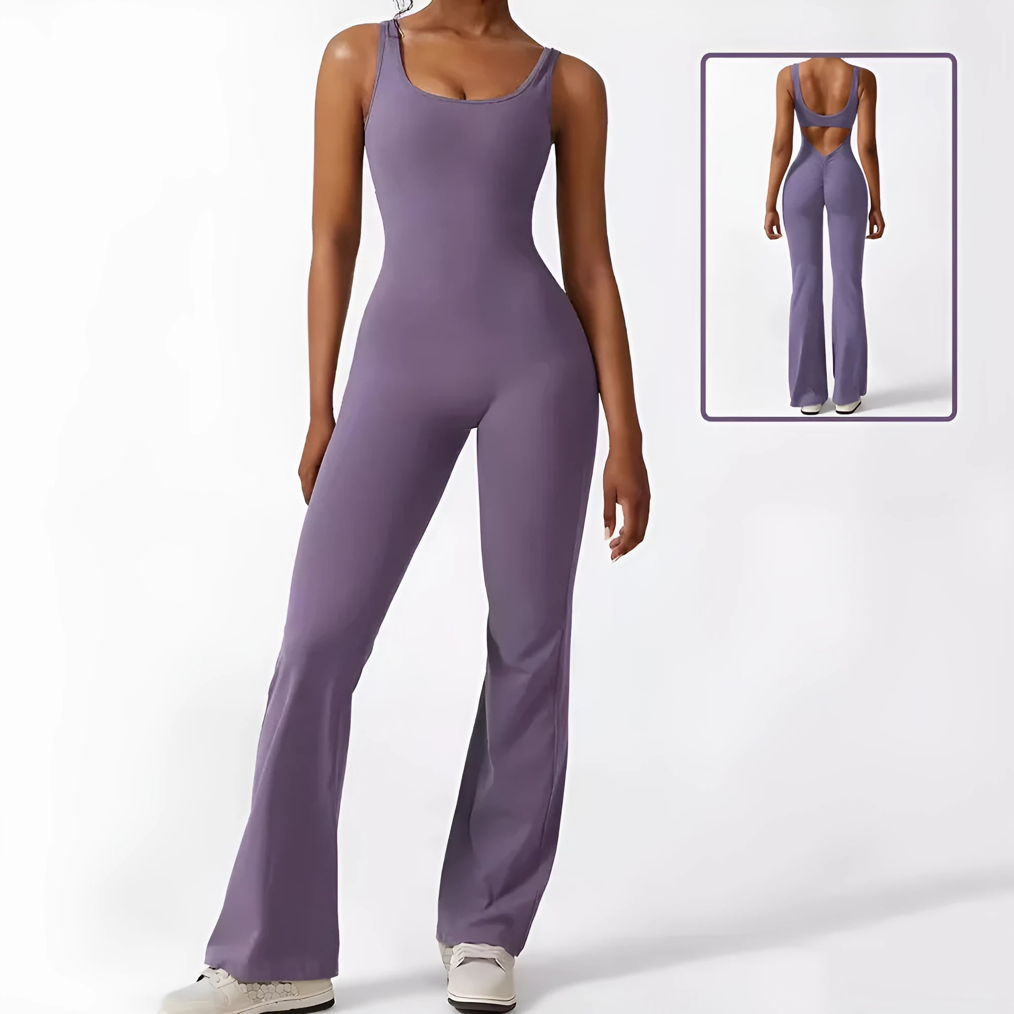 Women's sleeveless flare jumpsuit for fitness and yoga in high elasticity polyester fabric
