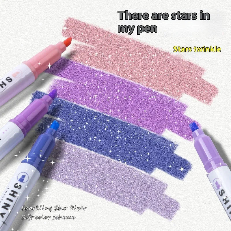 Set of four glitter highlighter pens with star river design and slanted tips in assorted fluorescent colours