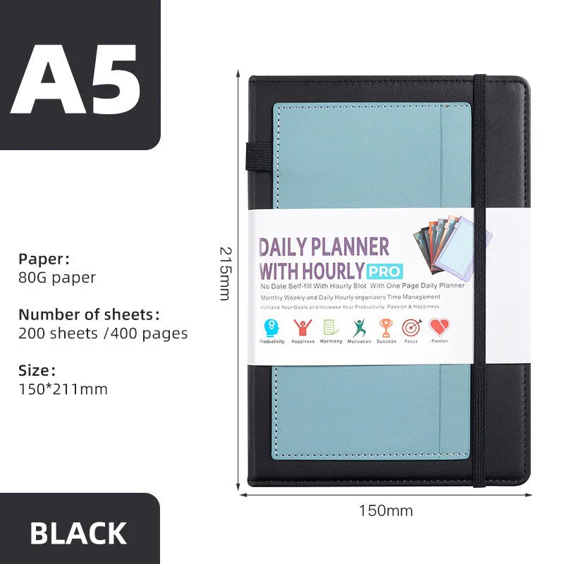 A5 notebook with PU cover, open to show no-date strap and thread binding, with planning stickers.