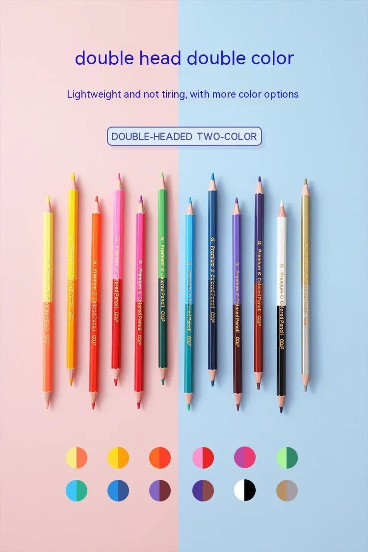 Set of wooden colour pencils with double-headed leads shown in 12-piece and 6-piece options.