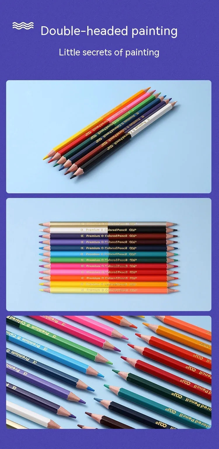 Set of wooden colour pencils with double-headed leads shown in 12-piece and 6-piece options.