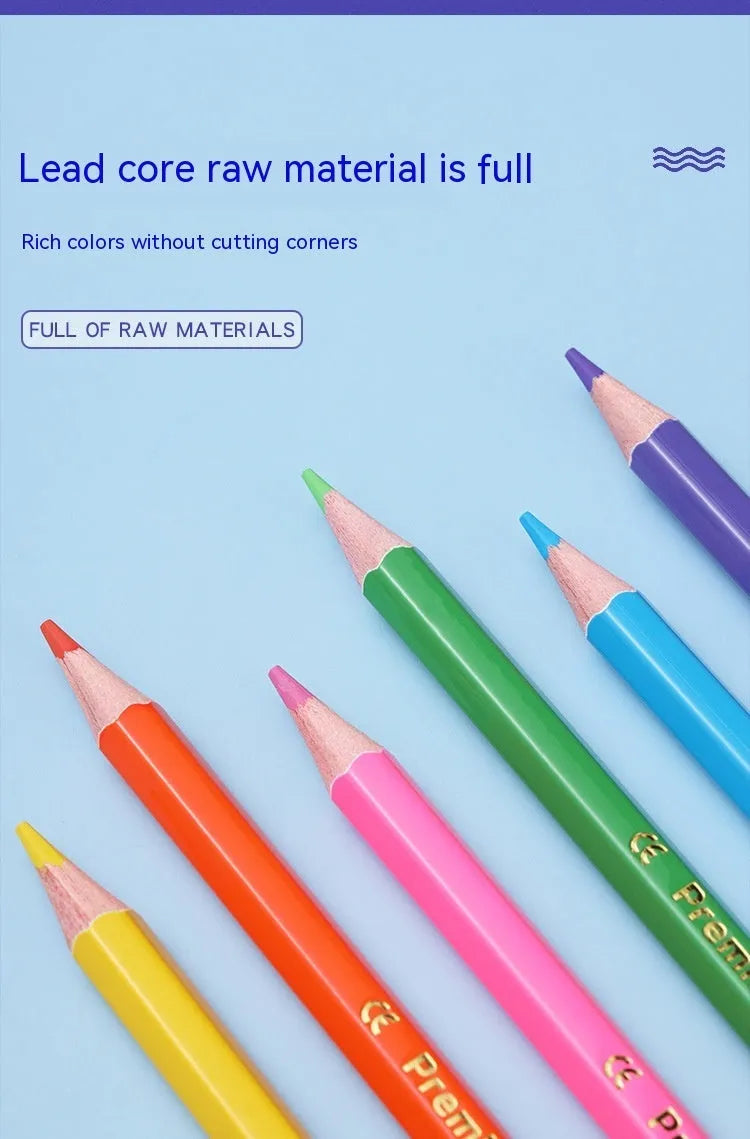 Set of wooden colour pencils with double-headed leads shown in 12-piece and 6-piece options.