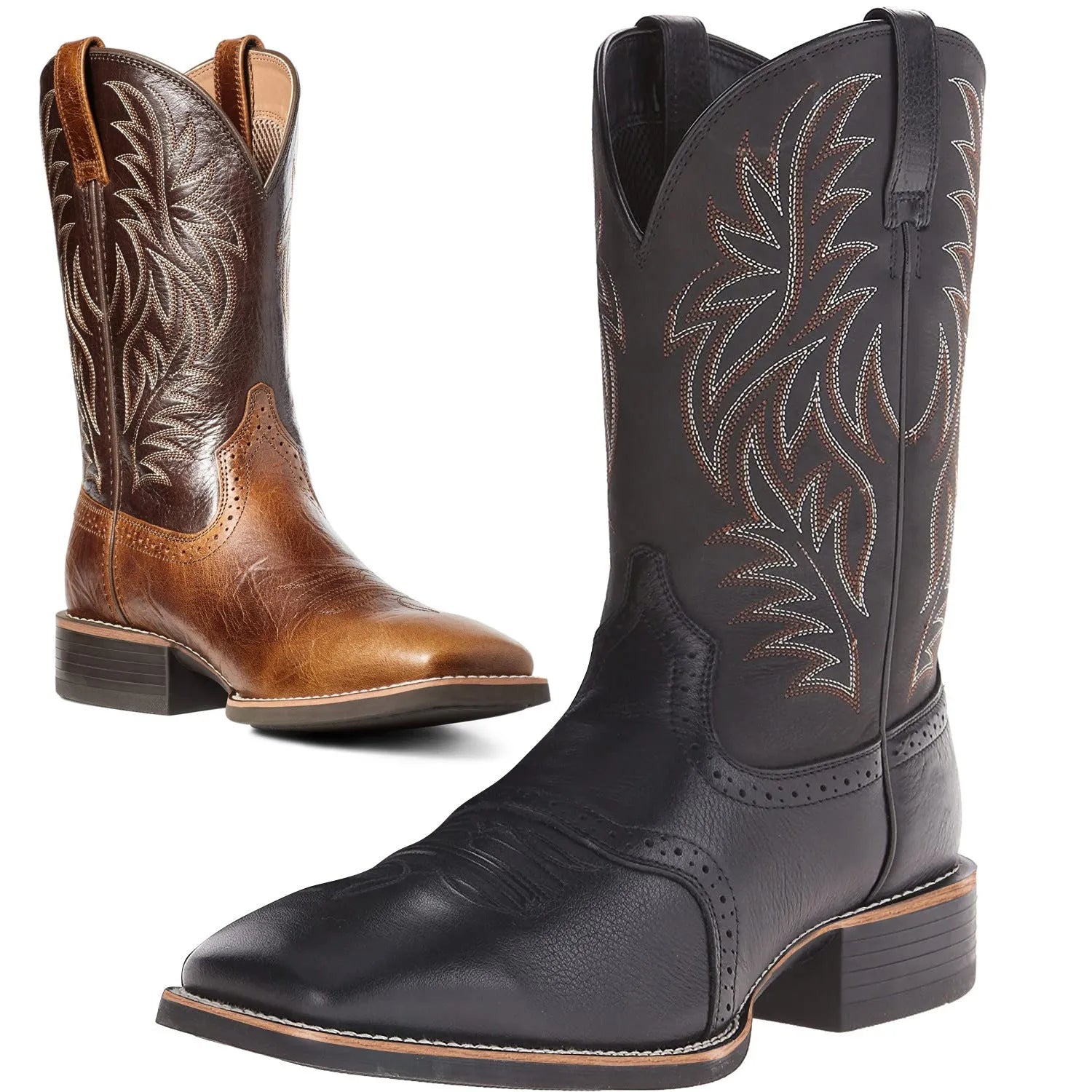 Men's black embroidered Western cowboy boots with wide square toe and low heel.