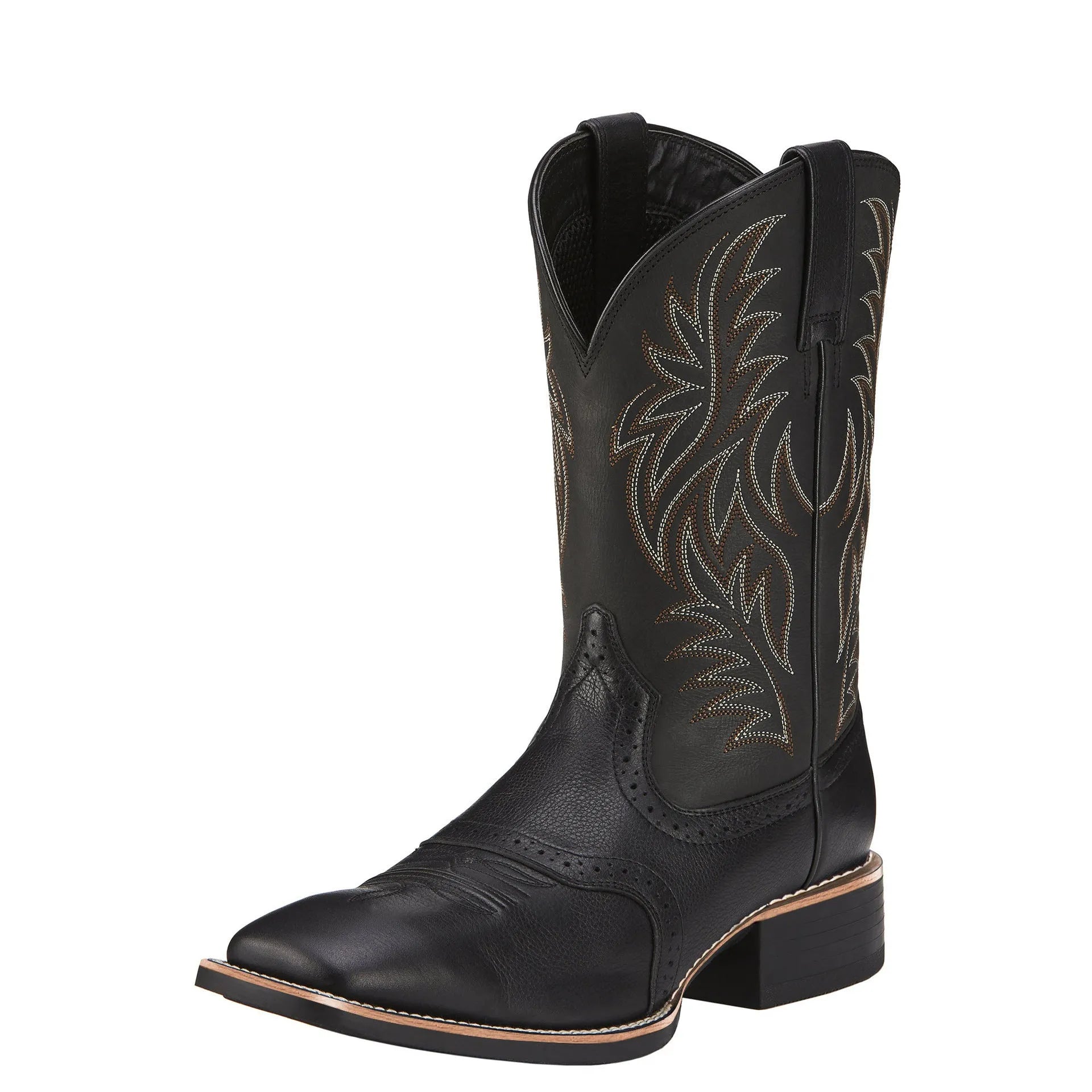 Men's black embroidered Western cowboy boots with wide square toe and low heel.
