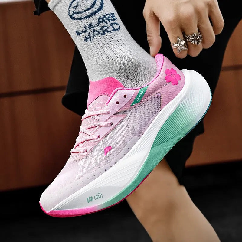 Low-top carbon plate racing sneakers in multiple colours on a natural rubber sole.