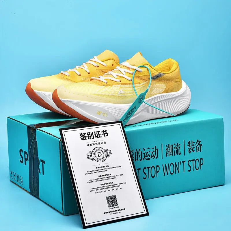 Low-top carbon plate racing sneakers in multiple colours on a natural rubber sole.