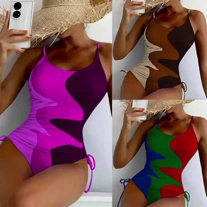 Women's sleeveless backless one-piece swimsuit in nylon spandex fabric available in blue, purple, brown, green colours