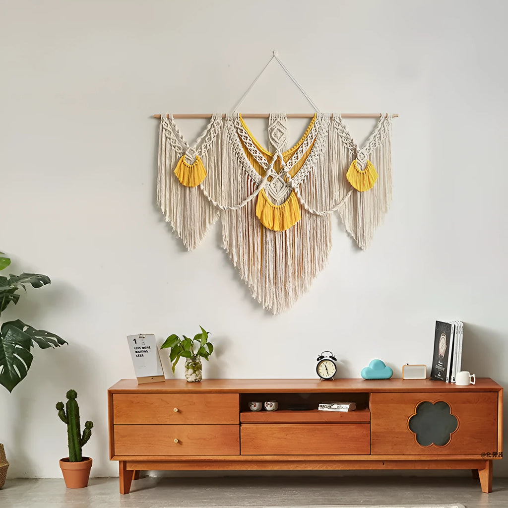 Creamy white rectangular cotton woven tapestry with Nordic style design measuring 120x95cm