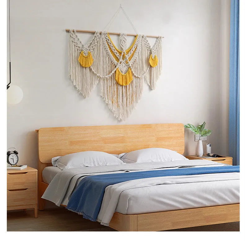 Creamy white rectangular cotton woven tapestry with Nordic style design measuring 120x95cm