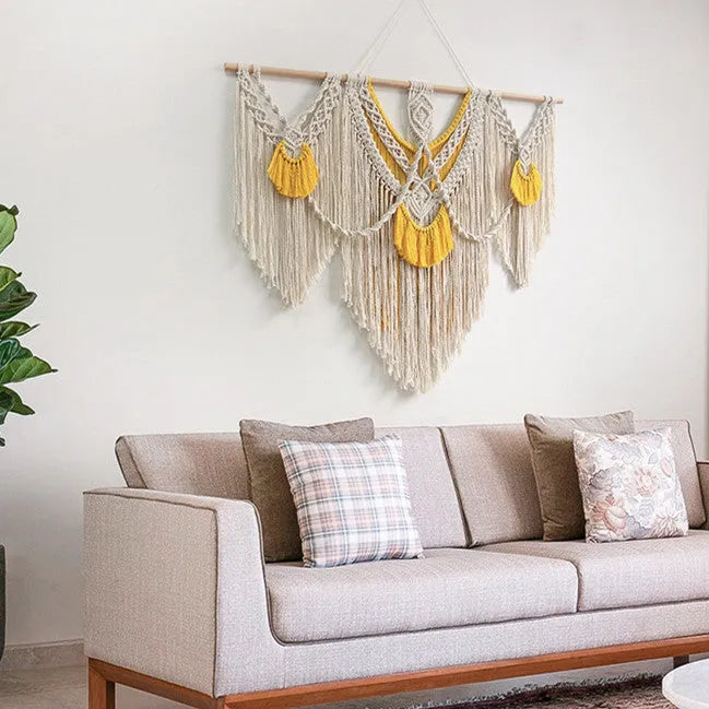 Creamy white rectangular cotton woven tapestry with Nordic style design measuring 120x95cm