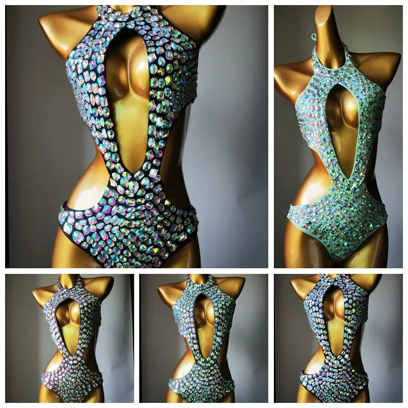 Women's one-piece mesh diamond swimsuit bikini in black, light green, army green or brown colours
