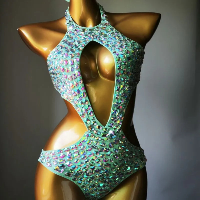 Women's one-piece mesh diamond swimsuit bikini in black, light green, army green or brown colours
