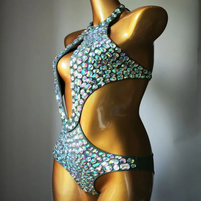 Women's one-piece mesh diamond swimsuit bikini in black, light green, army green or brown colours