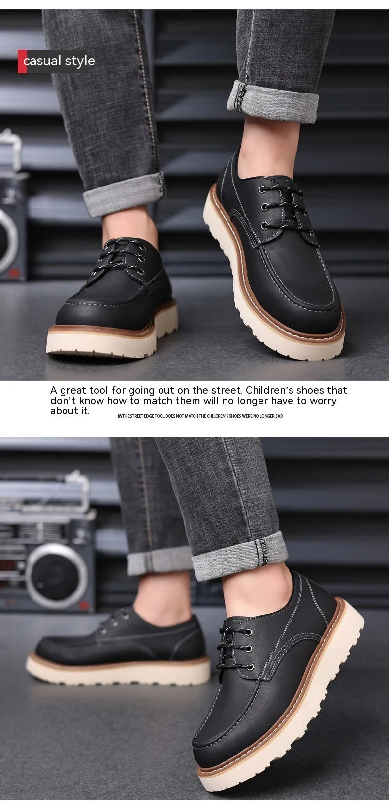 Men's black retro low-top casual boots with a round toe and rubber sole on a white background.