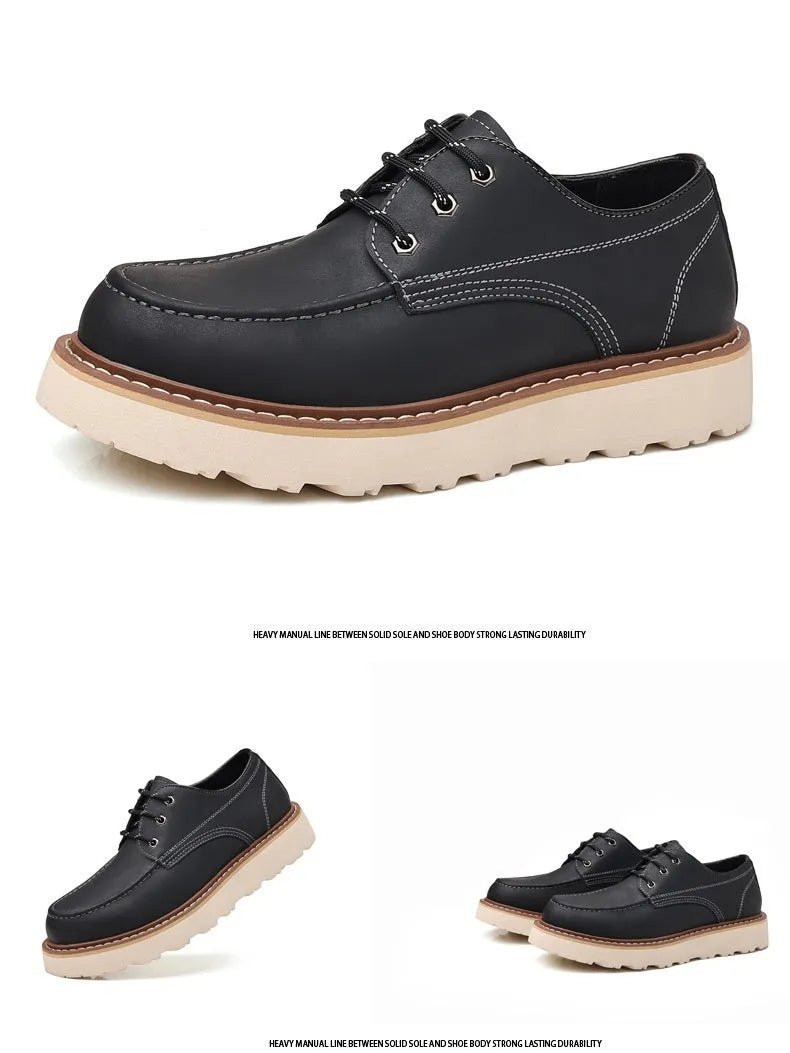 Men's black retro low-top casual boots with a round toe and rubber sole on a white background.