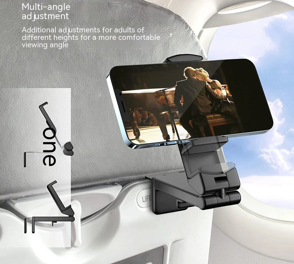 Black foldable phone holder with rotating mechanism shown holding a mobile phone at an angle