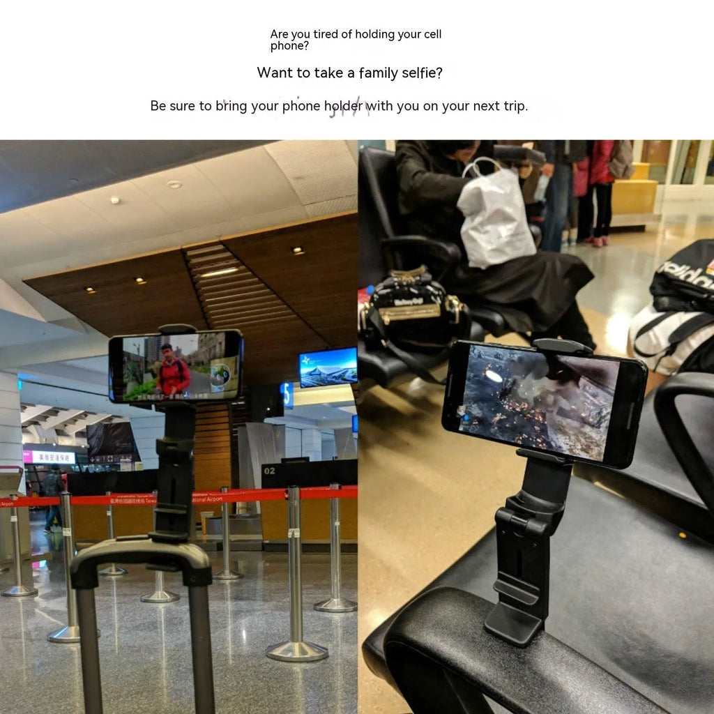 Black foldable phone holder with rotating mechanism shown holding a mobile phone at an angle