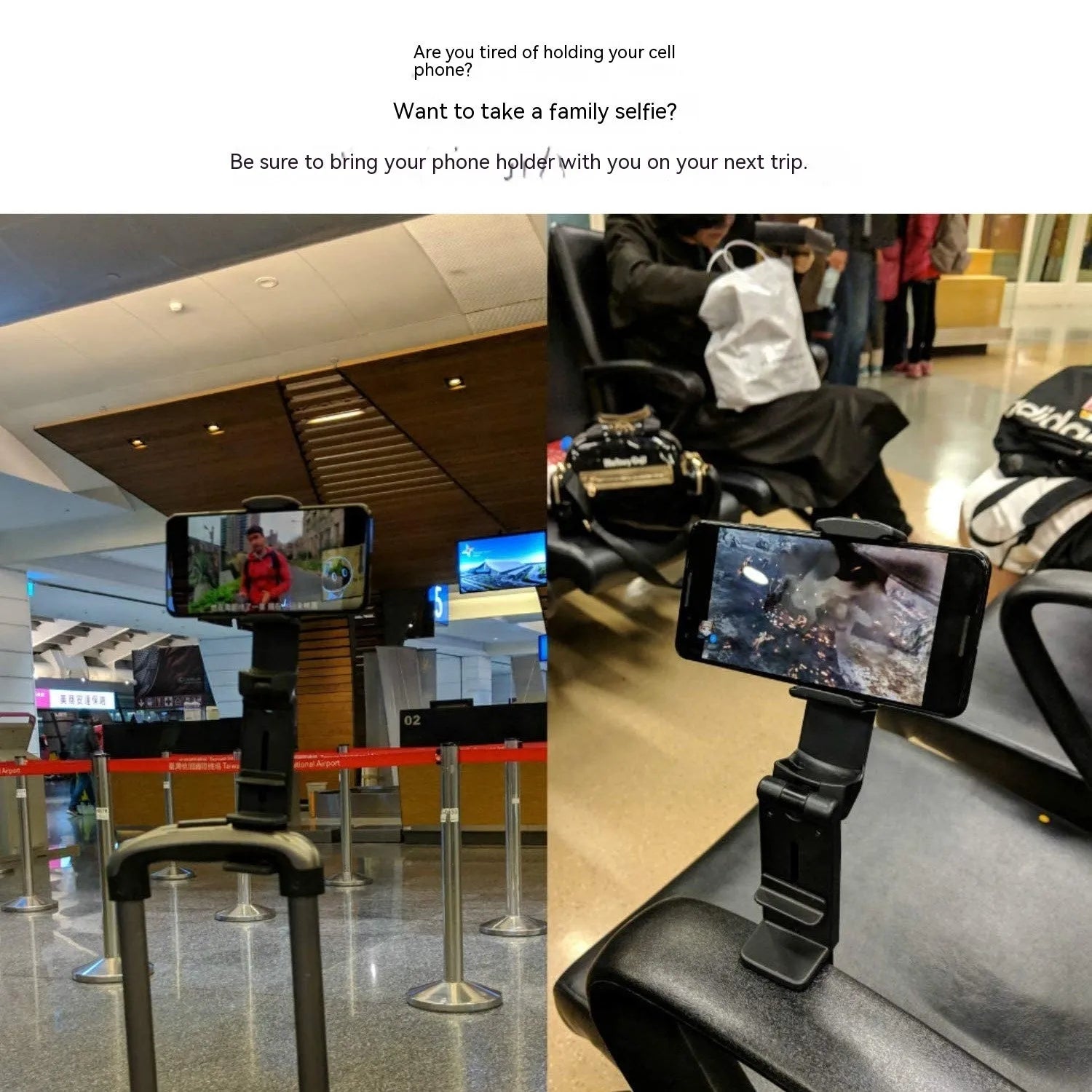 Black foldable phone holder with rotating mechanism shown holding a mobile phone at an angle