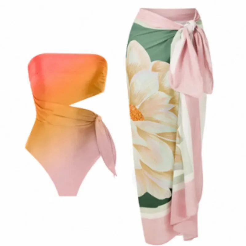Women's retro print one-piece swimsuit in polyester fabric