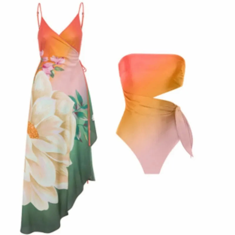 Women's retro print one-piece swimsuit in polyester fabric