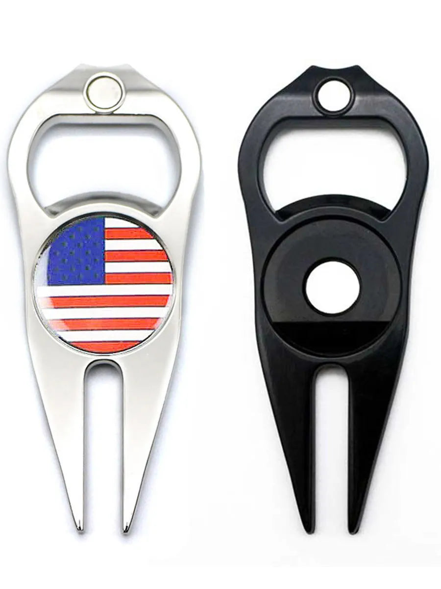 Zinc alloy golf ball yoke bottle opener tool with 88x35mm ball lifter and 25mm marking coin