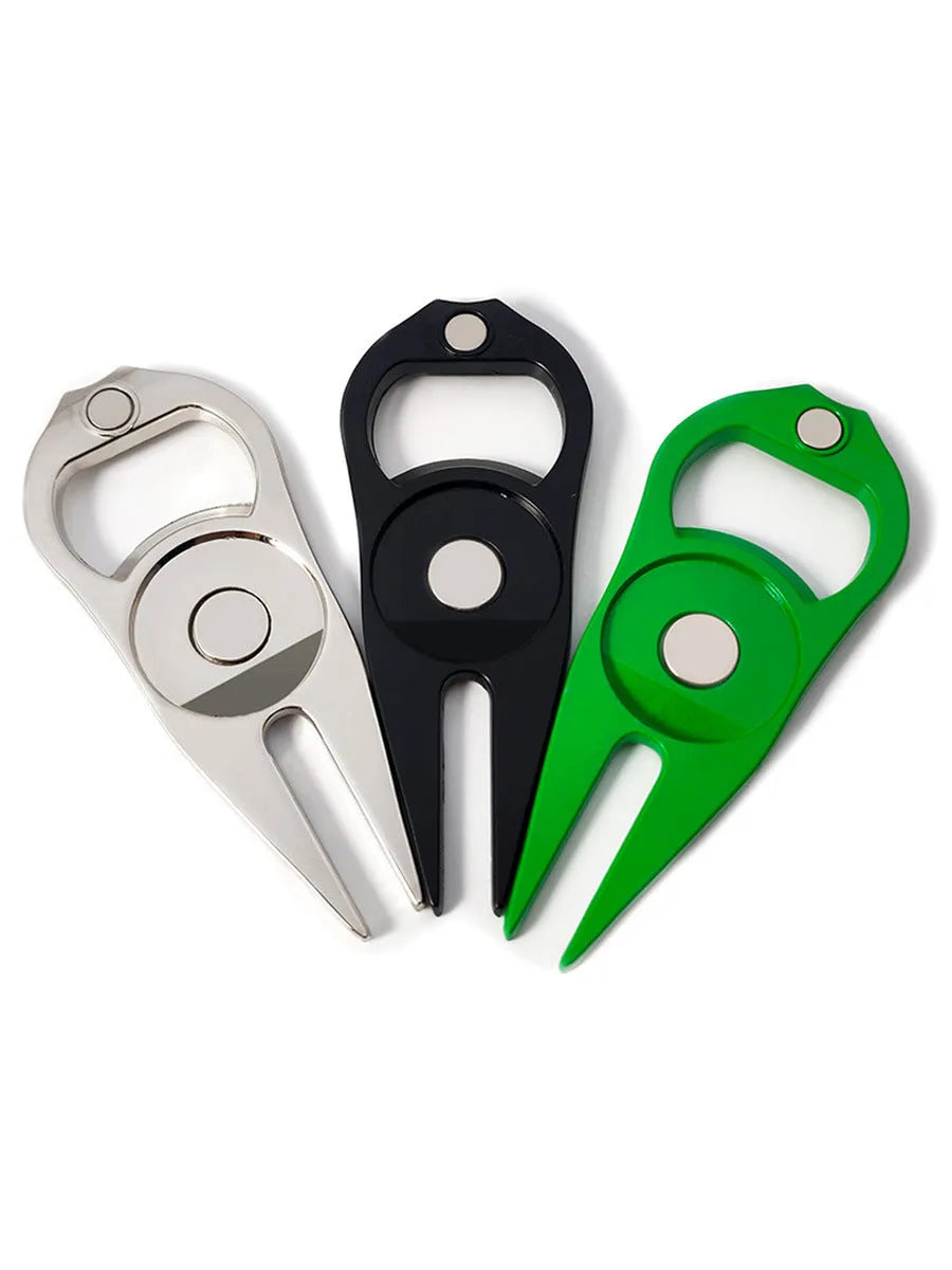 Zinc alloy golf ball yoke bottle opener tool with 88x35mm ball lifter and 25mm marking coin