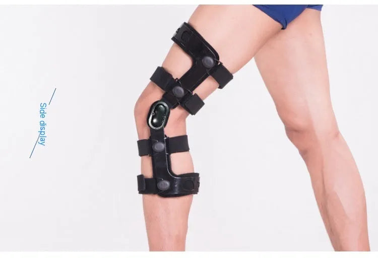 Black hinged knee brace for anterior ligament support, shown with left and right size tags.