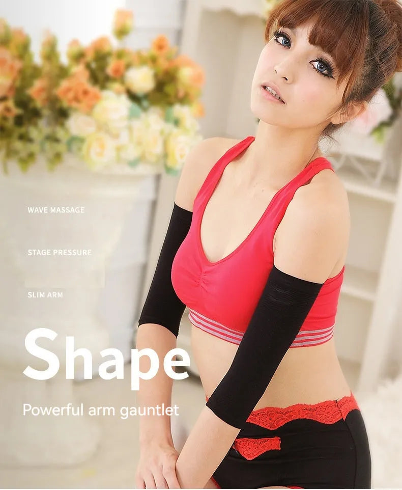A pair of women's solid colour shaping arm sleeves in nylon fabric, shown in black and skin colour options.
