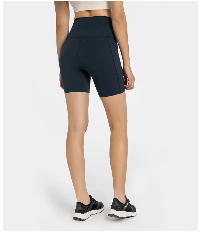 Women's black stretch cotton blend sports shorts, mid-thigh length, for running and gym workouts