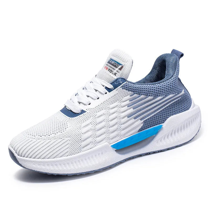 Men's blue casual sports mesh shoes with cloth upper and round toe design