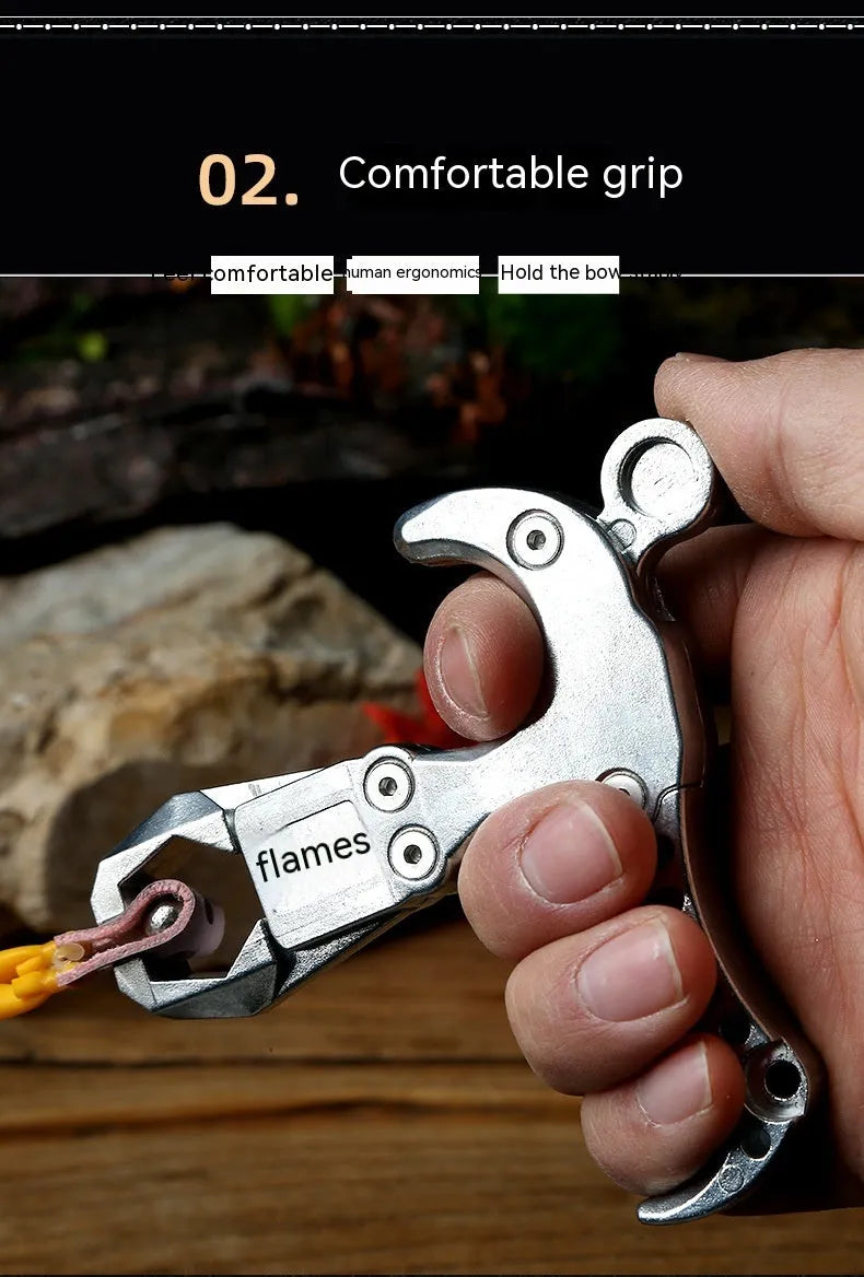Close-up of a zinc alloy archery release aid showing the harpoon clip and trigger mechanism.