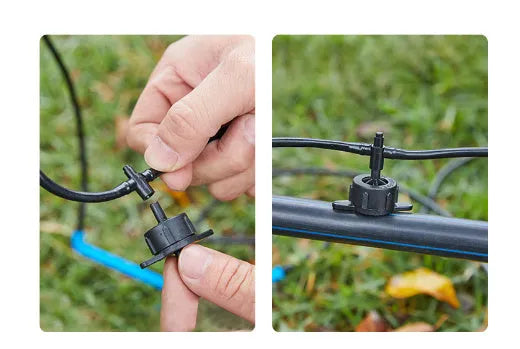 White PE plastic tee joint water distributor for irrigation systems with one inlet and two outlet ports.