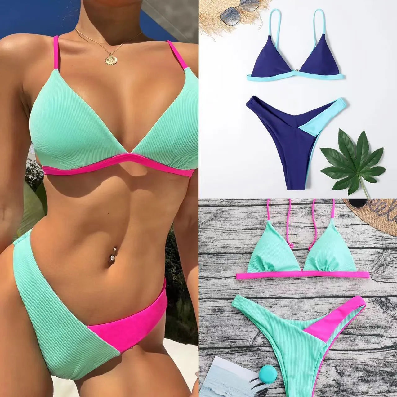 Women's two-piece nylon swimsuit bikini set in pattern design with adjustable bra