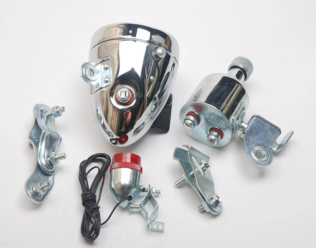 Silver bicycle generator light modification kit with dynamo-powered 12V and 6V voltage suits