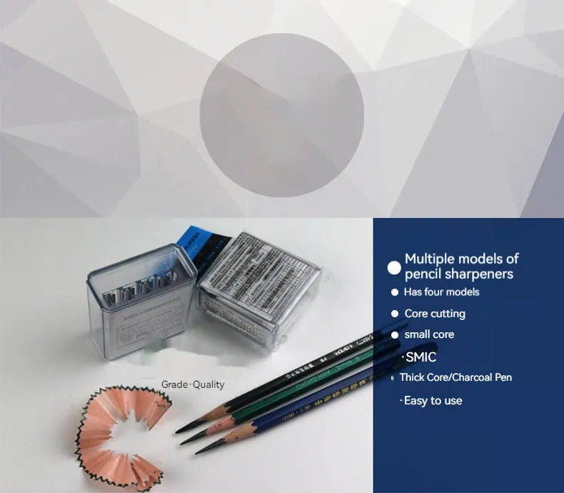 Geometric plastic pencil sharpener with four holes and included screwdriver tool on white background.