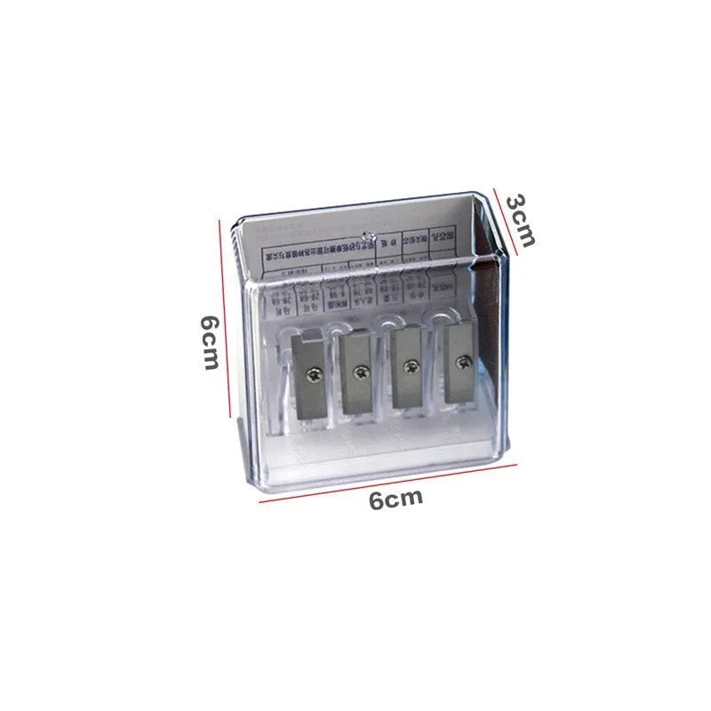 Geometric plastic pencil sharpener with four holes and included screwdriver tool on white background.