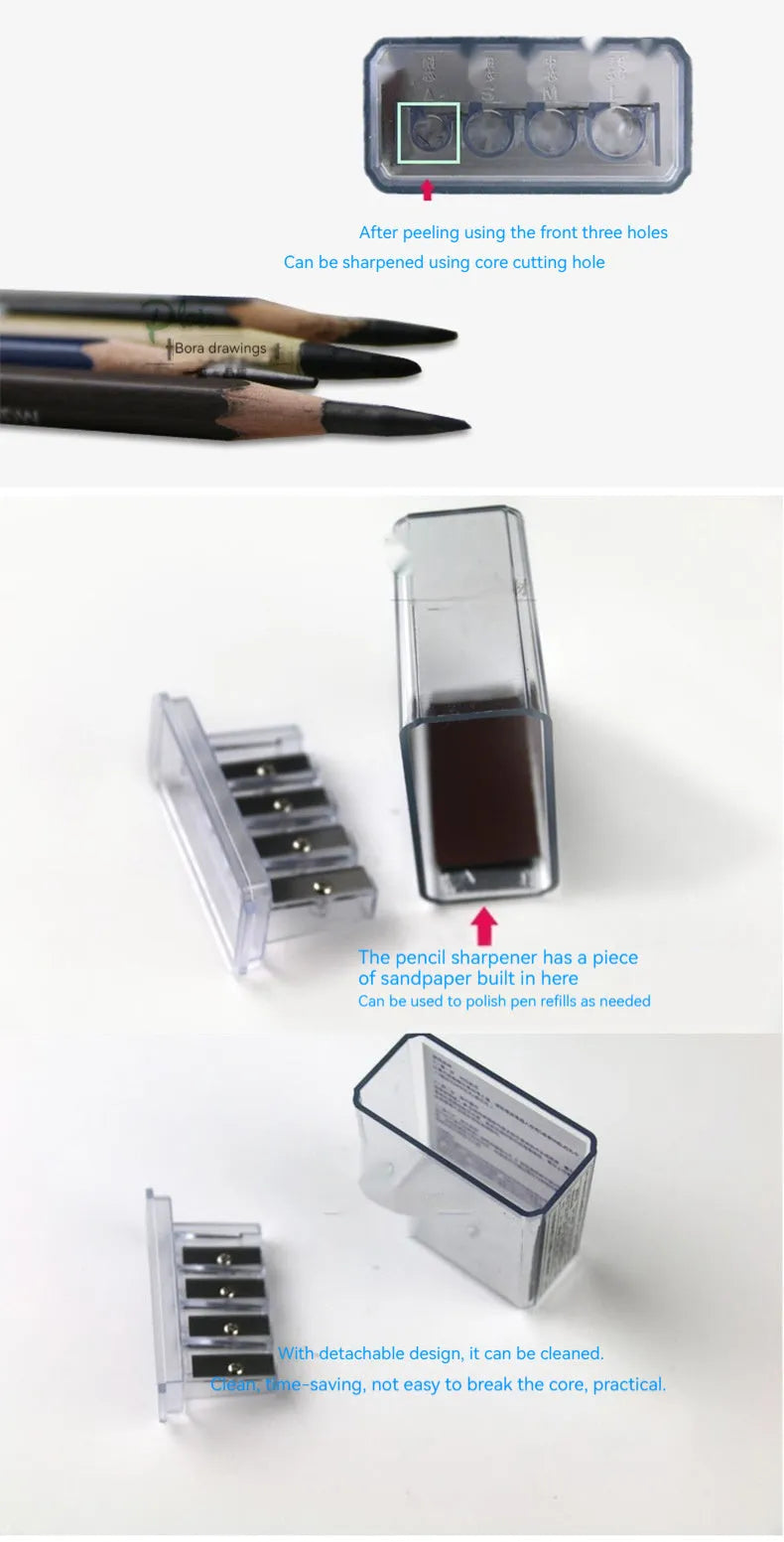 Geometric plastic pencil sharpener with four holes and included screwdriver tool on white background.