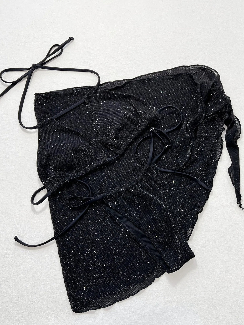 Black polyester bikini three-piece swimsuit set with triangle top and matching shorts