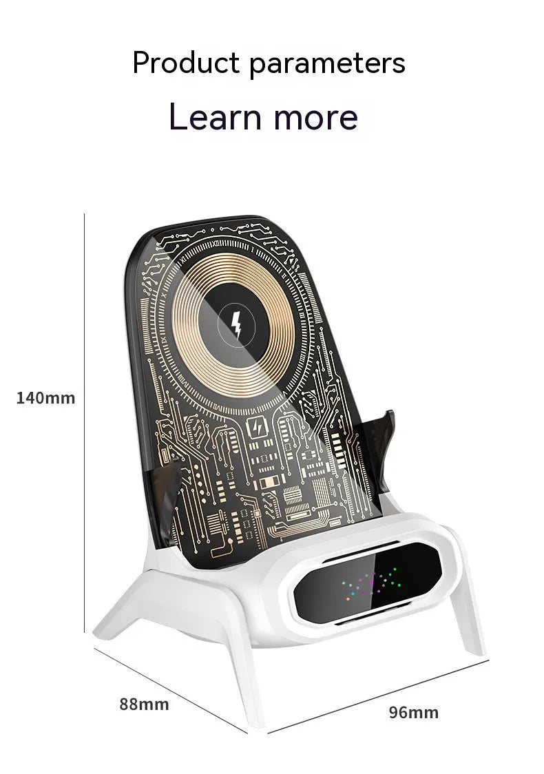 Transparent small chair wireless charger phone stand in white, pink, and blue colours with 100W magnetic suction quick charging