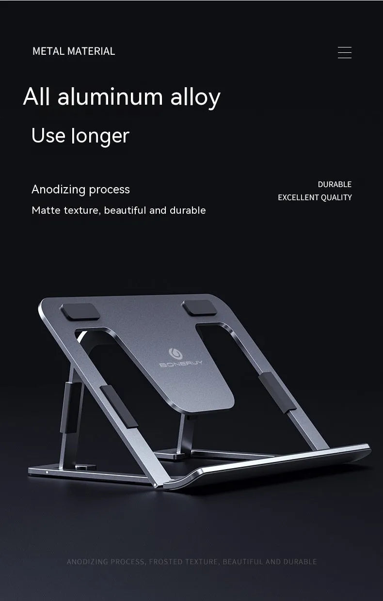 Foldable aluminum alloy tablet and phone holder stand in P63 dark gray on a desk