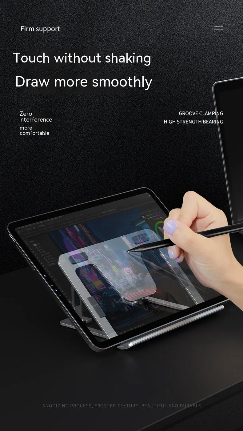 Foldable aluminum alloy tablet and phone holder stand in P63 dark gray on a desk