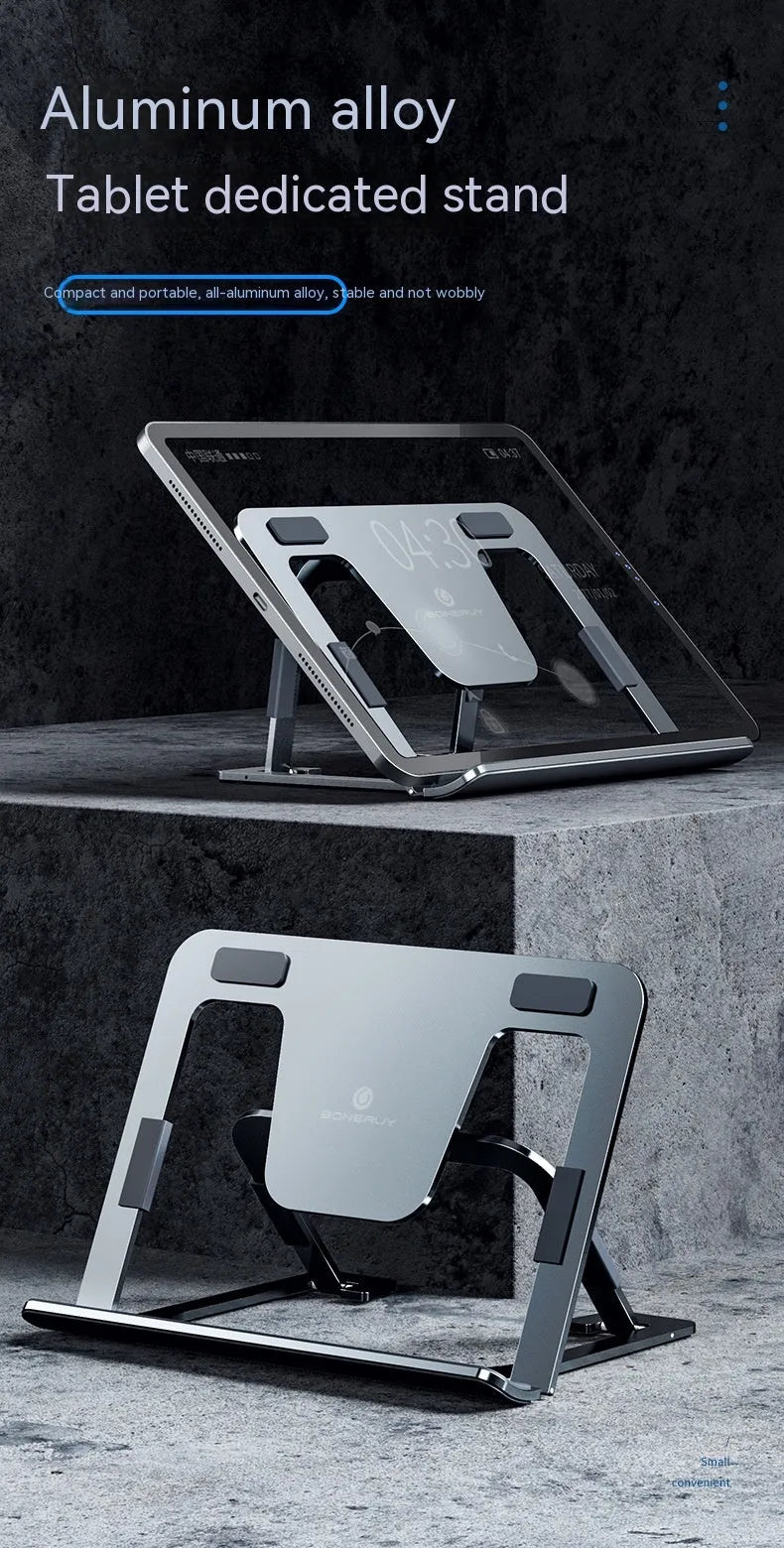 Foldable aluminum alloy tablet and phone holder stand in P63 dark gray on a desk