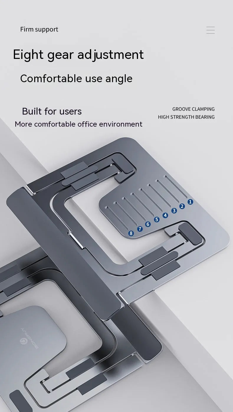 Foldable aluminum alloy tablet and phone holder stand in P63 dark gray on a desk