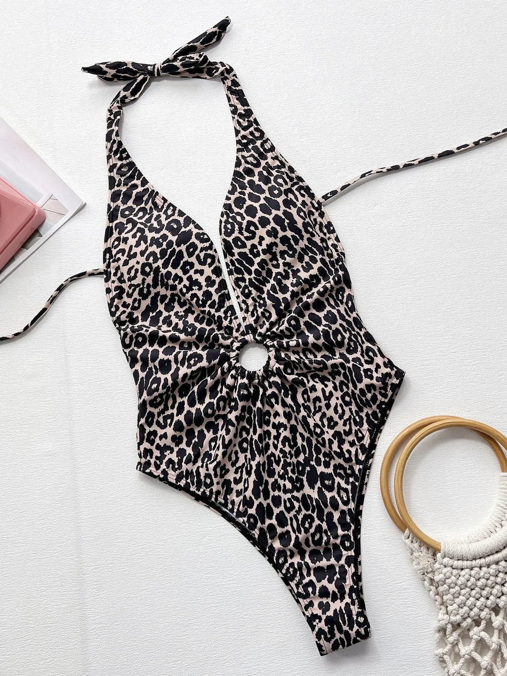 Leopard print one-piece swimsuit with hollow-out ring bikini design for women