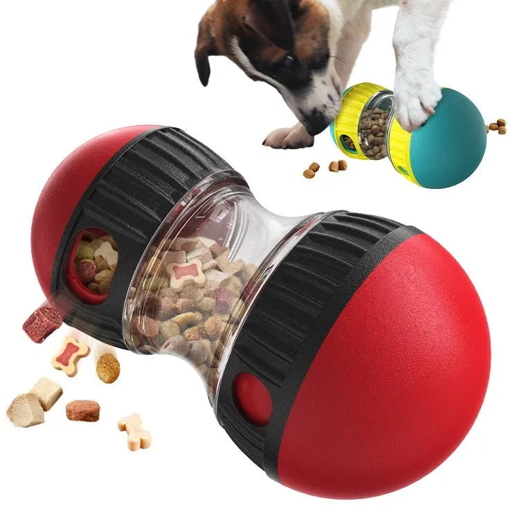Food dispensing dog toy tumbler in Lake Blue with adjustable leak opening and soft rubber roller for quiet play