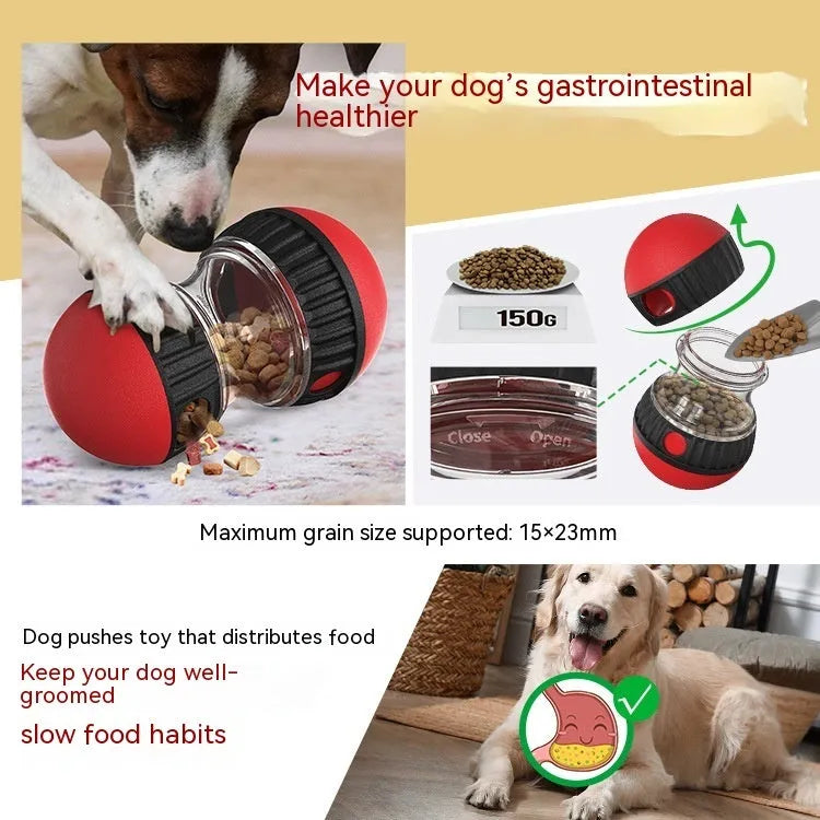 Food dispensing dog toy tumbler in Lake Blue with adjustable leak opening and soft rubber roller for quiet play