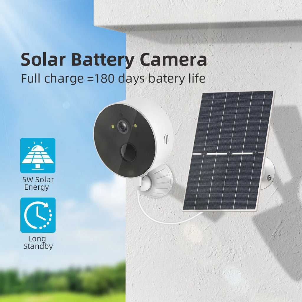 Solar-powered outdoor security camera with solar panel and 1080P resolution